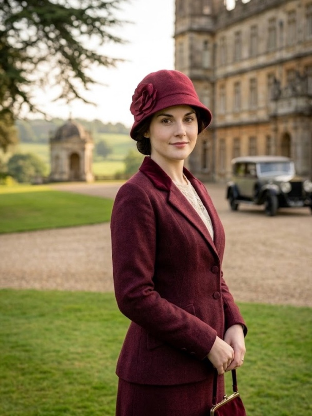 “Downton Abbey” Women's Cloche Hat in Wine Red with Decorative Flower - NWOT